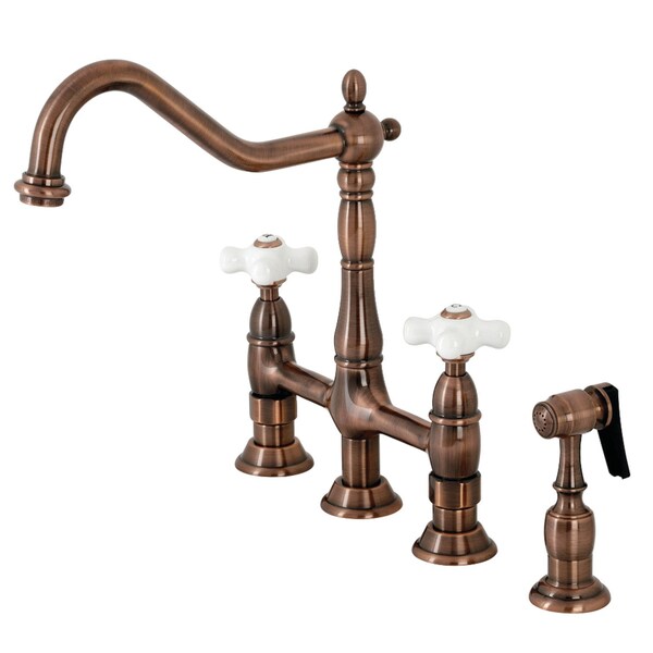 KS127PXBSAC Heritage Bridge Kitchen Faucet W/ Brass Sprayer, Copper